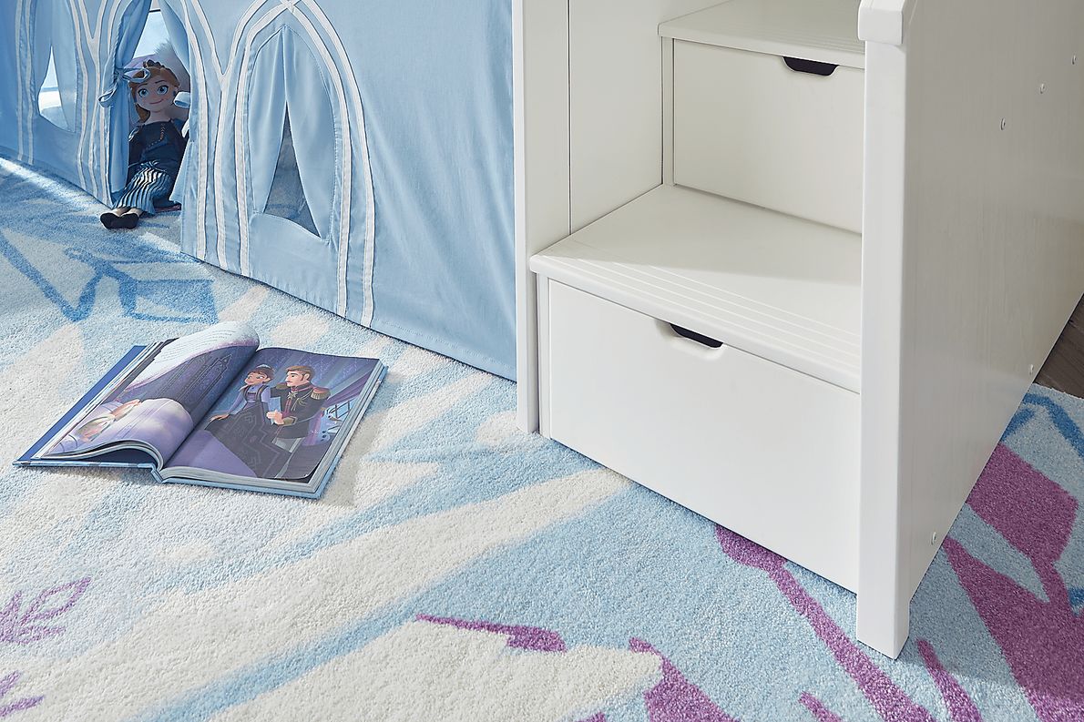 Disney Frozen White Twin Step Loft Bed with Activity Panel, Tower and Tent