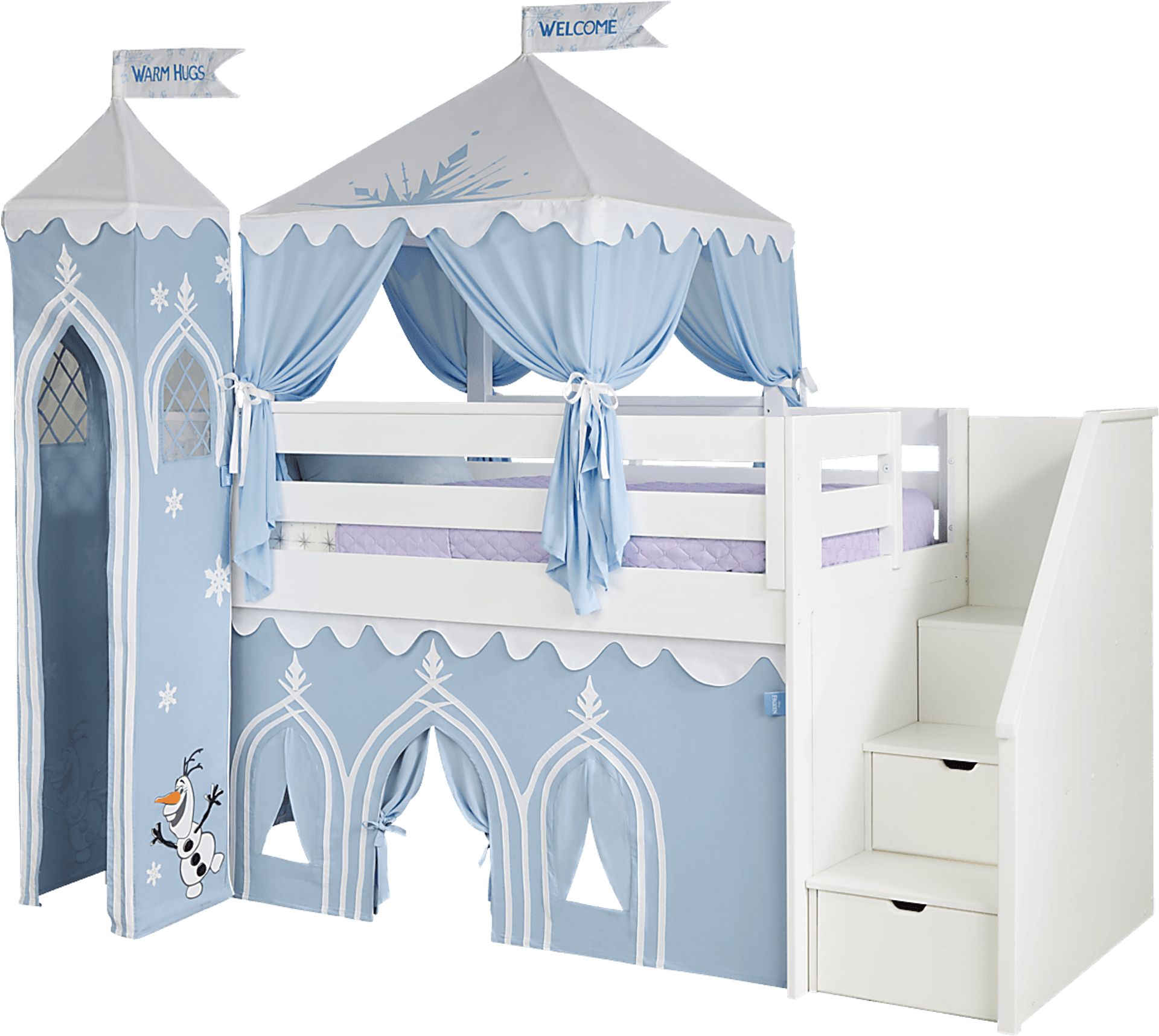 Disney Frozen White Twin Step Loft Bed with Activity Panel, Tower and Tent - Image 1