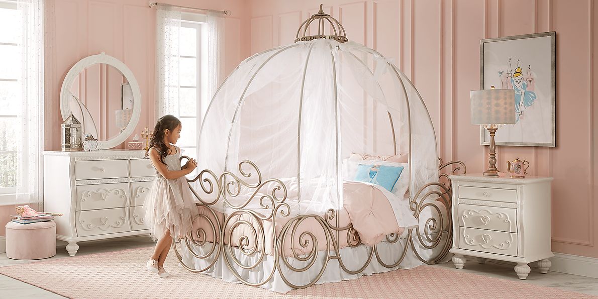 Disney Princess Dreamer Sparkle White Twin Carriage Bedroom with Dresser, Mirror & Canopy