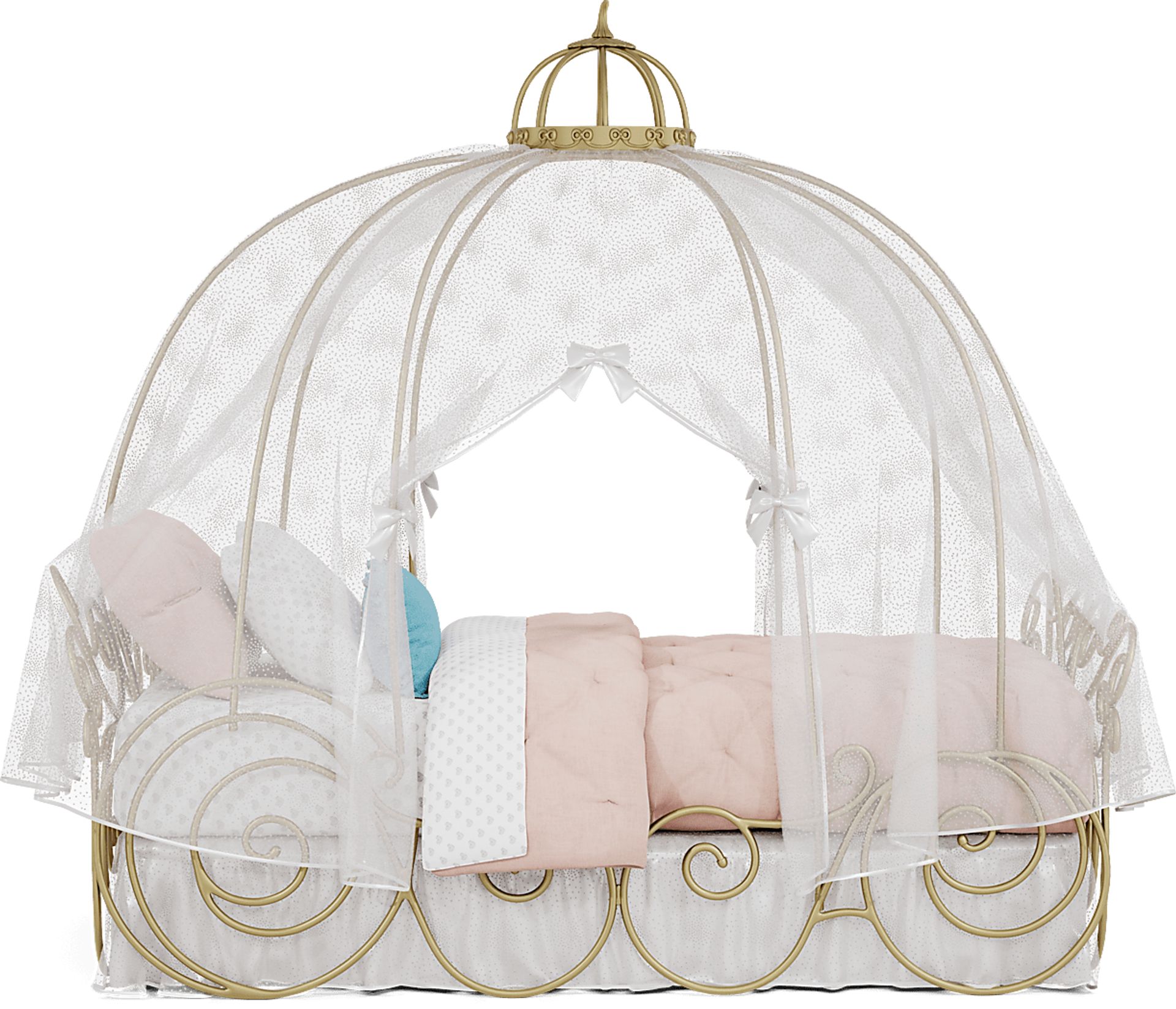 Disney Princess Royal Gold Twin Carriage Bed with White Canopy and Bed Skirt - Image 4