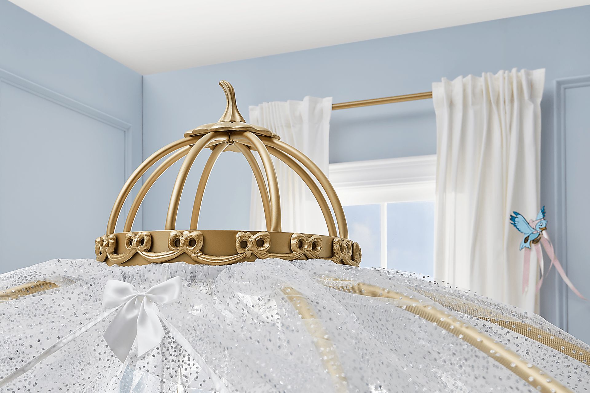 Disney Princess Royal Gold Twin Carriage Bed with White Canopy and Bed Skirt - Image 6