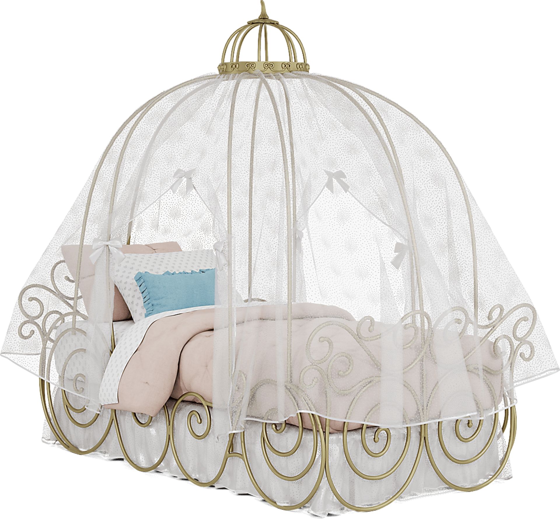 Disney Princess Royal Gold Twin Carriage Bed with White Canopy and Bed Skirt - Image 1