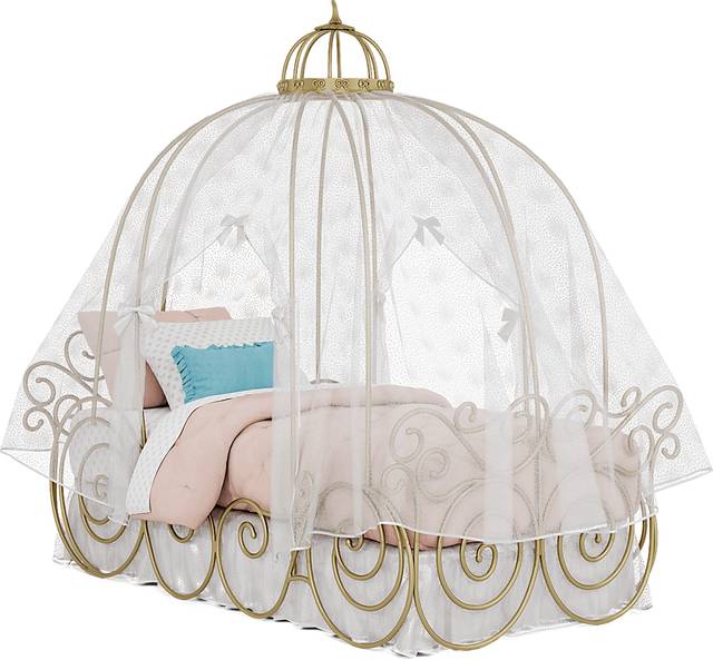 Disney Princess Royal Gold Twin Carriage Bed with White Canopy and Bed Skirt - Thumbnail - Image 1