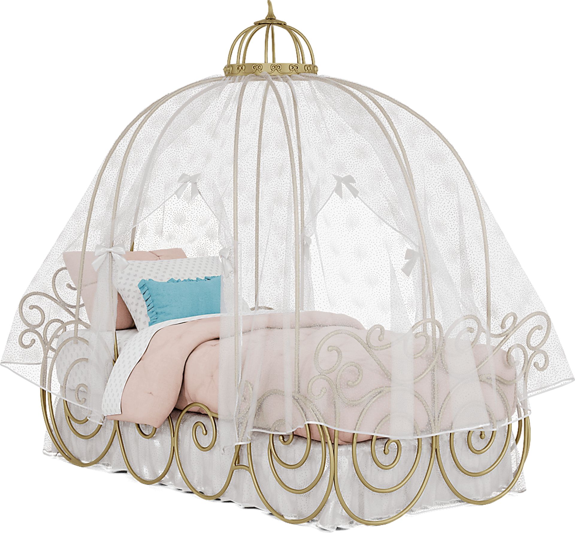 Disney Princess Royal Gold Twin Carriage Bed with White Canopy and Bed Skirt - Image 1