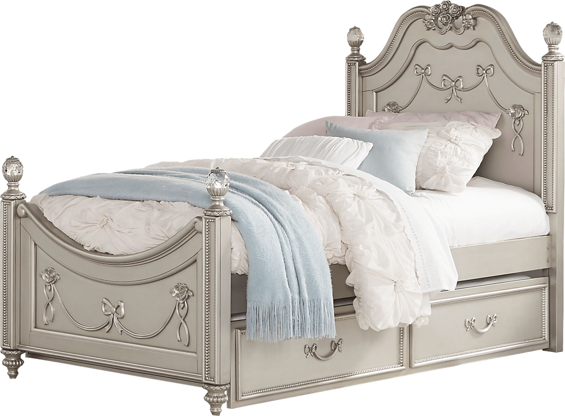 Disney Princess Fairytale Silver 4 Pc Full Poster Bed with Twin Storage Trundle - Image 1