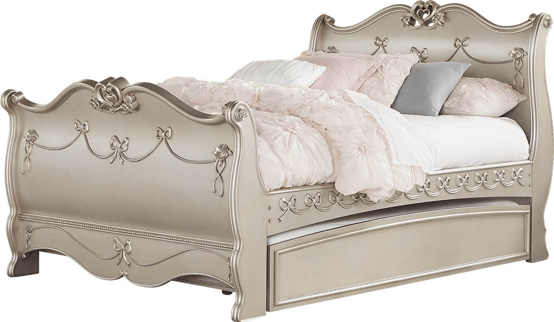 Disney Princess Fairytale Silver 4 Pc Full Sleigh Bed with Twin Storage Trundle - Image 1