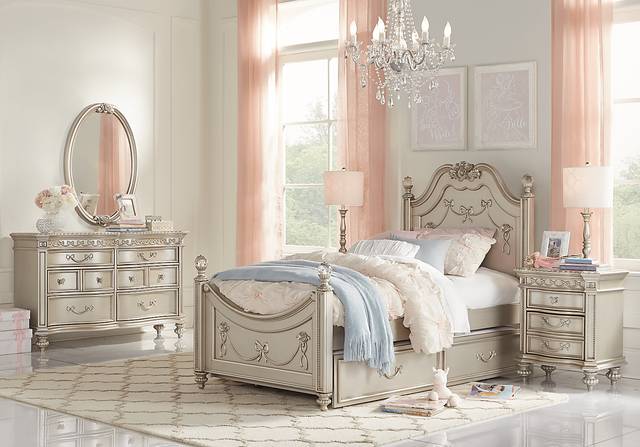Disney Princess Fairytale Silver 4 Pc Twin Poster Bed with Twin Storage Trundle - Thumbnail - Image 1