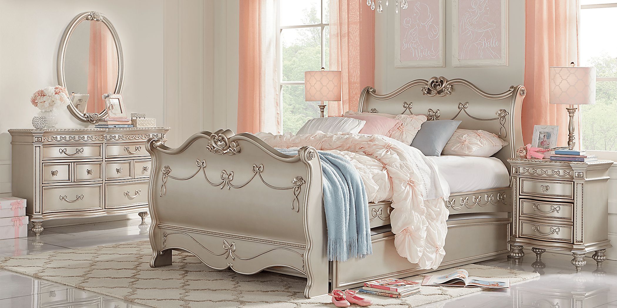 Disney Princess Fairytale 5 Pc Silver Gray Full Bedroom Set With 3 Pc Full Sleigh Bed 6 Drawer Dresser Oval Mirror