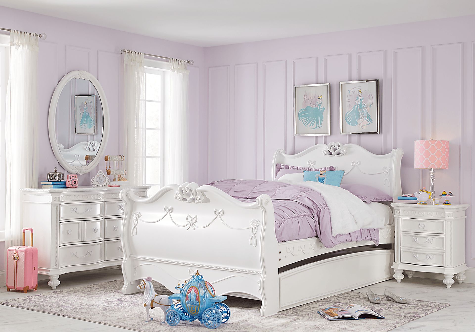 Disney Princess Fairytale White 4 Pc Twin Sleigh Bed with Twin Storage Trundle - Image 1
