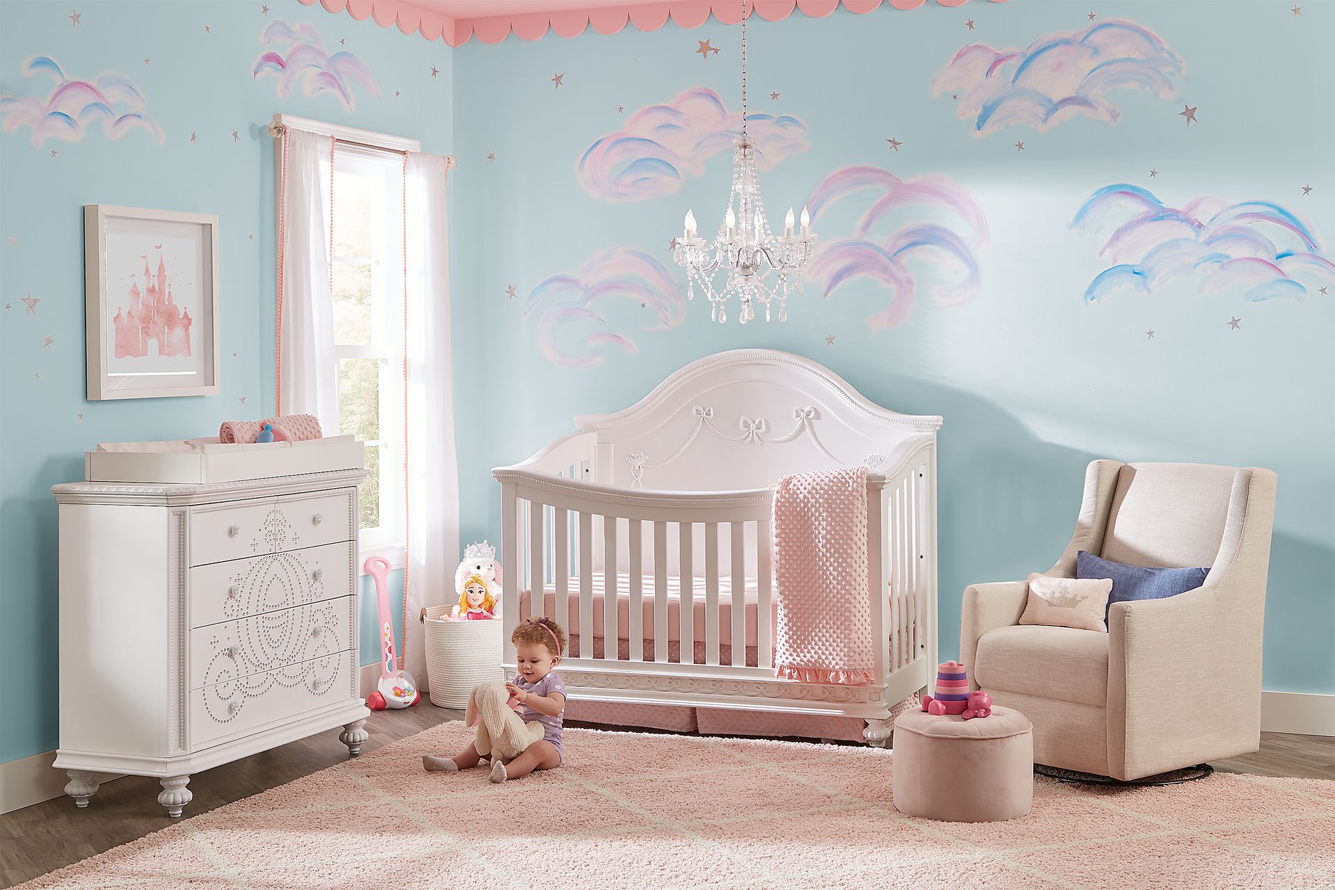 Disney Princess Fairytale White 5 Pc Nursery with Toddler Rails - Image 1