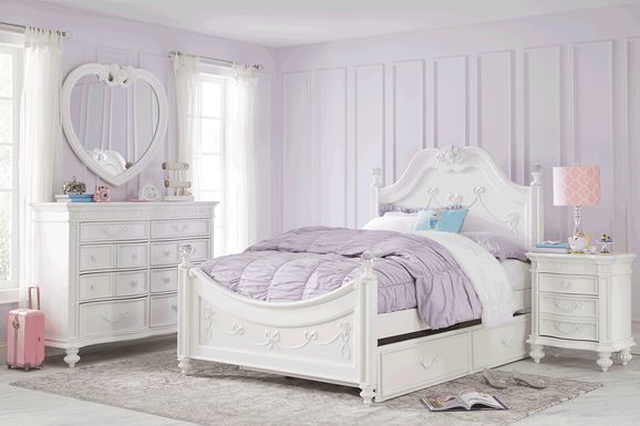 Disney Princess Fairytale White Twin Poster Bedroom with 8 Drawer Dresser and Heart Mirror