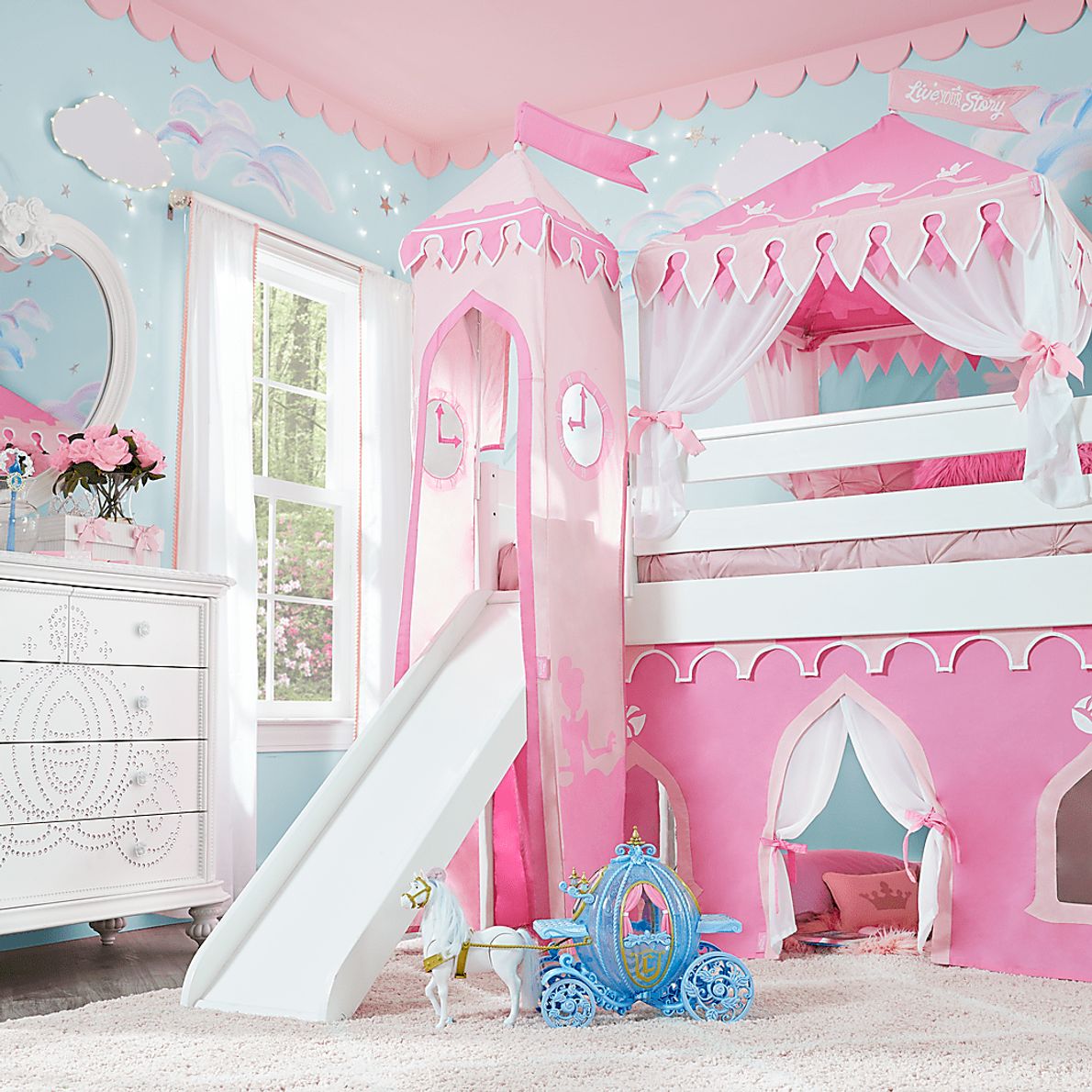 Disney Princess Fairytale White Loft Bed with Slide and Tower Rooms To Go