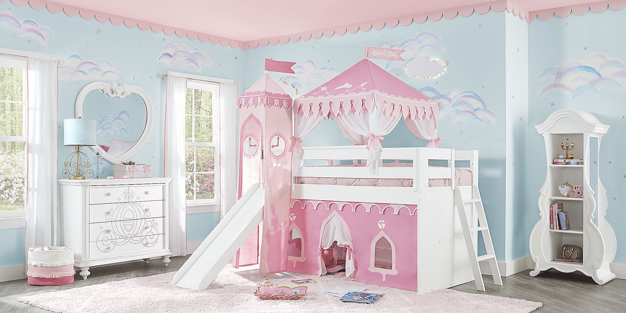 Disney Princess Fairytale White Colors White Loft Bed With Slide And Tower