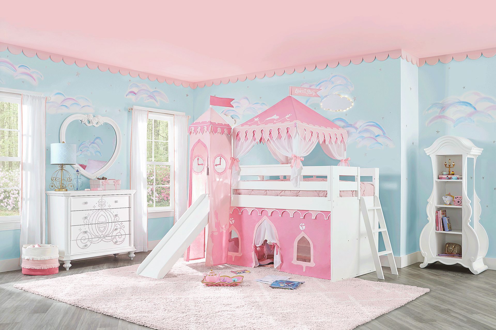 Disney Princess Fairytale White Twin Loft Bed with Slide and Tower - Image 2