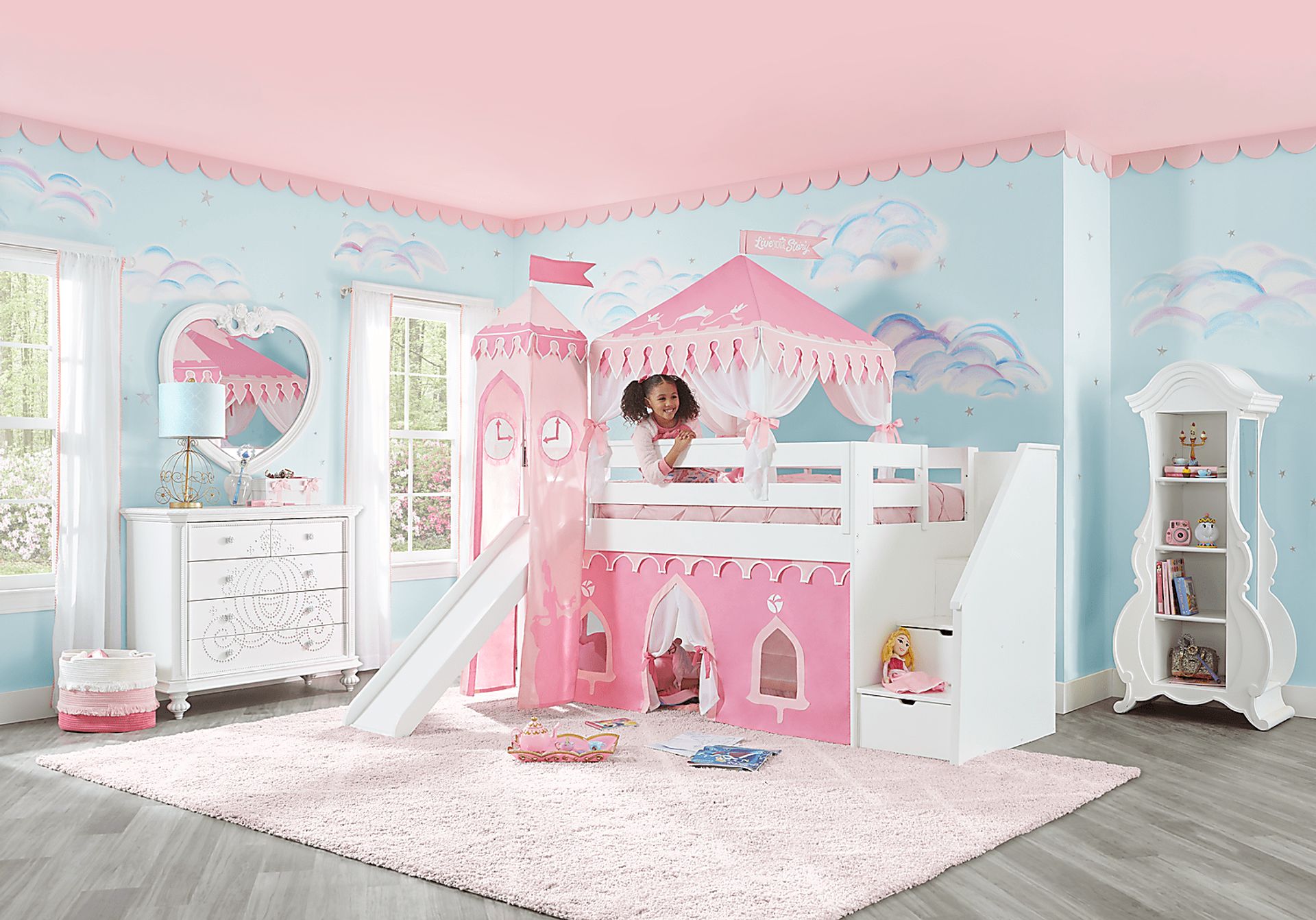 Disney Princess Fairytale White Step Loft Bed with Slide and Tower - Image 3
