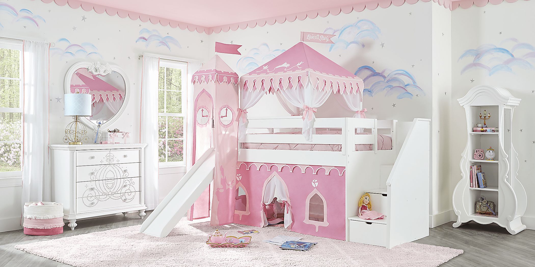 Disney Princess Fairytale White Twin Step Loft Bed with Slide and Tower ...