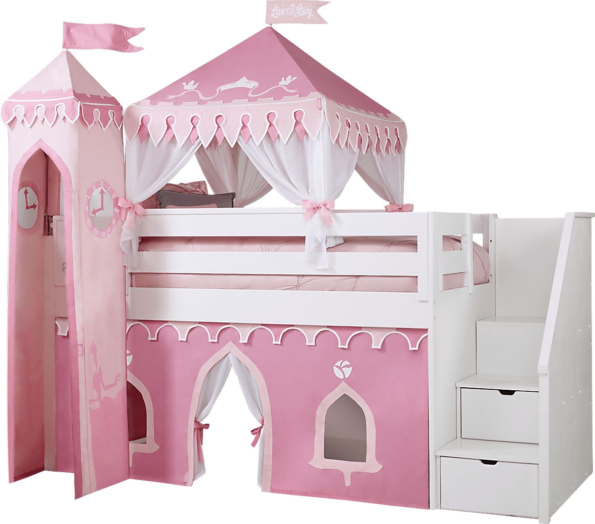 Disney Princess Fairytale White Colors,White Step Loft Bed With Whiteboard And Tower Rooms to Go