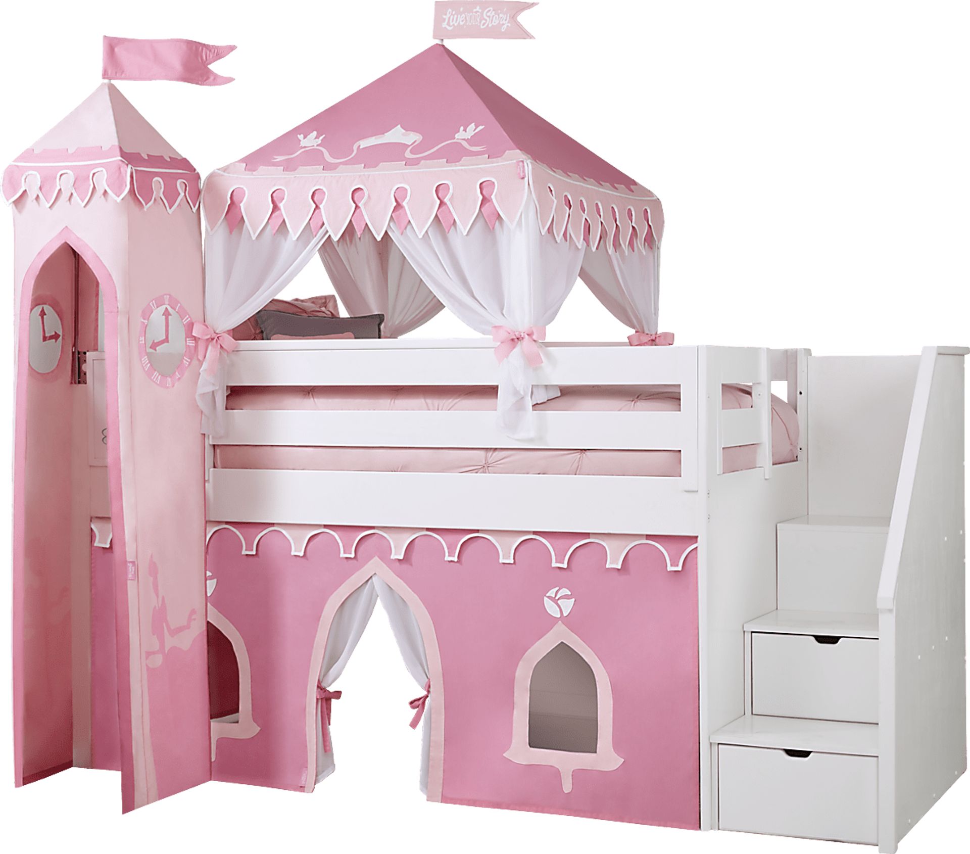 Disney Princess Fairytale White Colors White Step Loft Bed With Whiteboard And Tower Rooms to Go