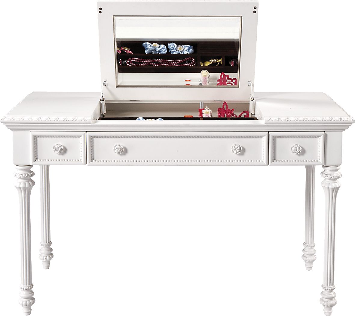 white princess dressing table White Princess Vanity Desk Set With Mirror & Cushioned Stool, 4-Drawer Wooden Makeup Vanity Table For Girls' Bedroom, Dressing Table With Ample