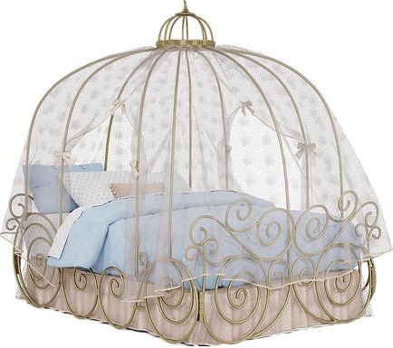 Disney Princess Royal Gold Full Carriage Bed with Pink Canopy and Bed Skirt