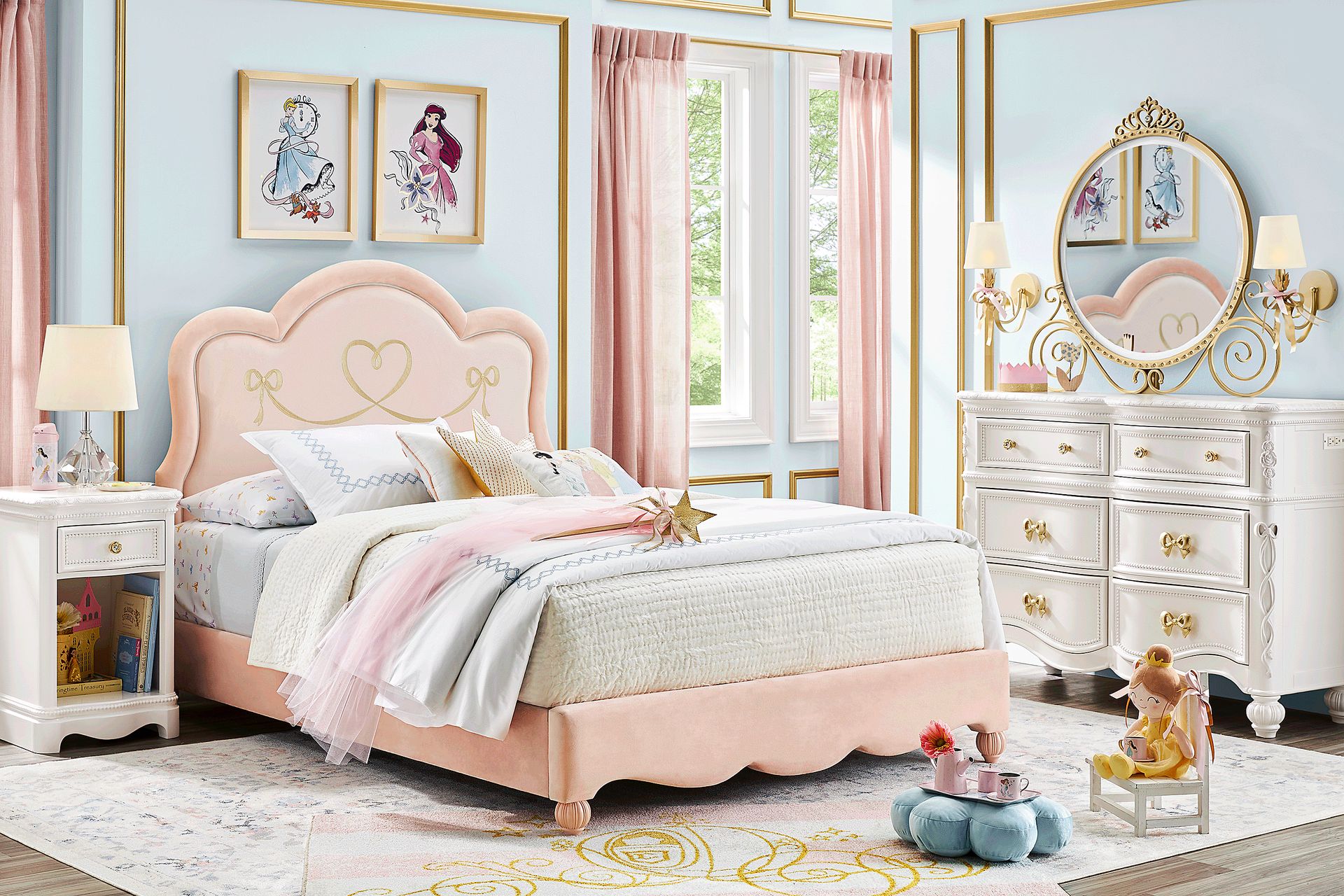Disney Princess Sparkle White Bedroom with Pink Twin Upholstered Bed - Image 1