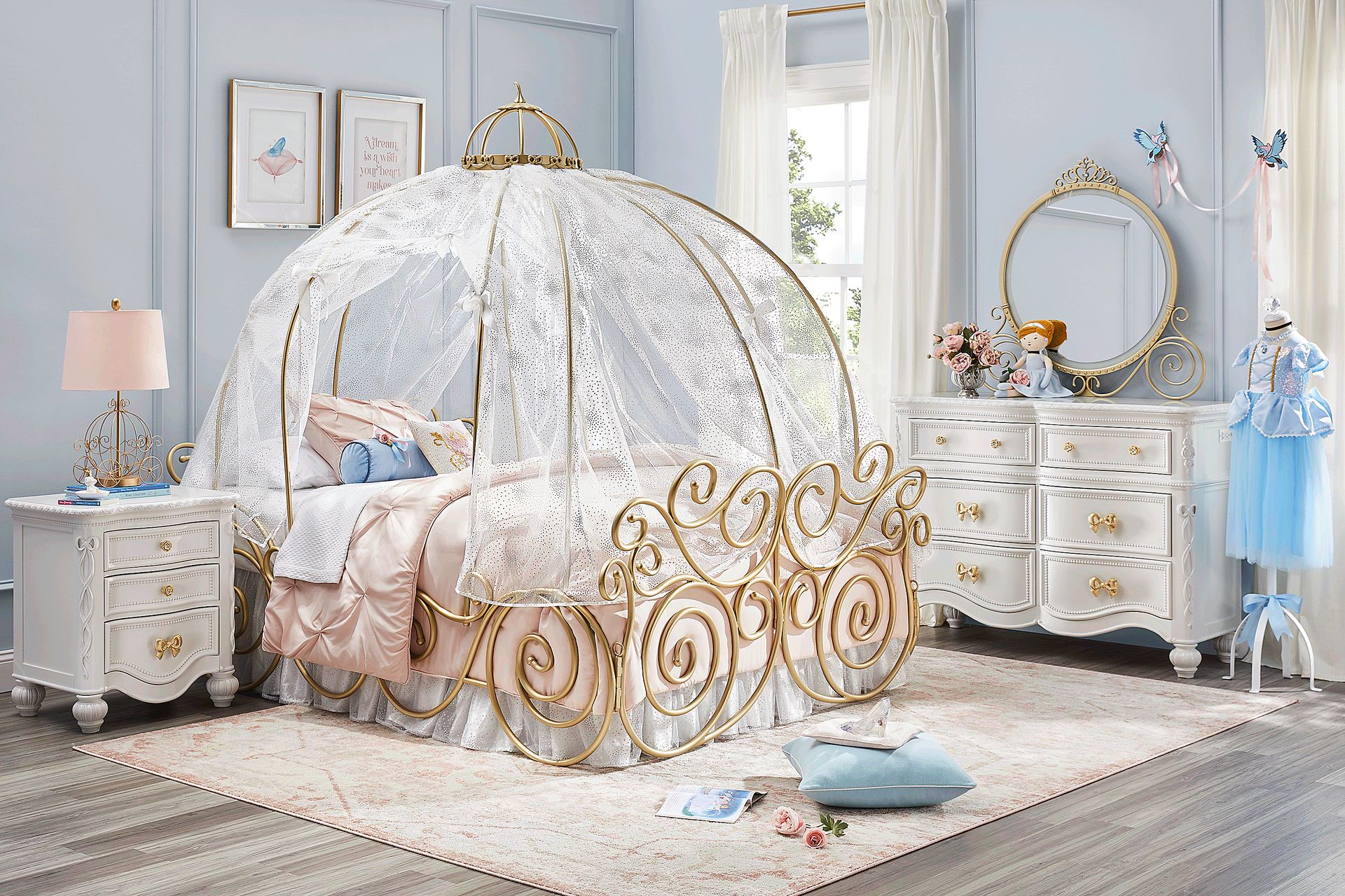 Disney Princess Sparkle White Bedroom with Royal Gold Twin Carriage Bed - Image 1