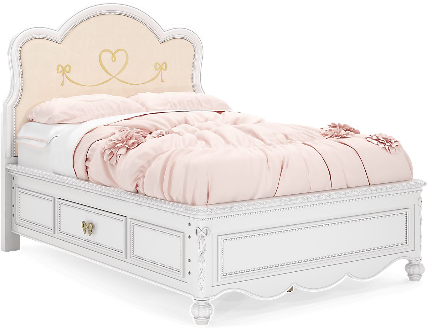 Disney Princess Sparkle White Full Upholstered Panel Bed with Storage Side Rails