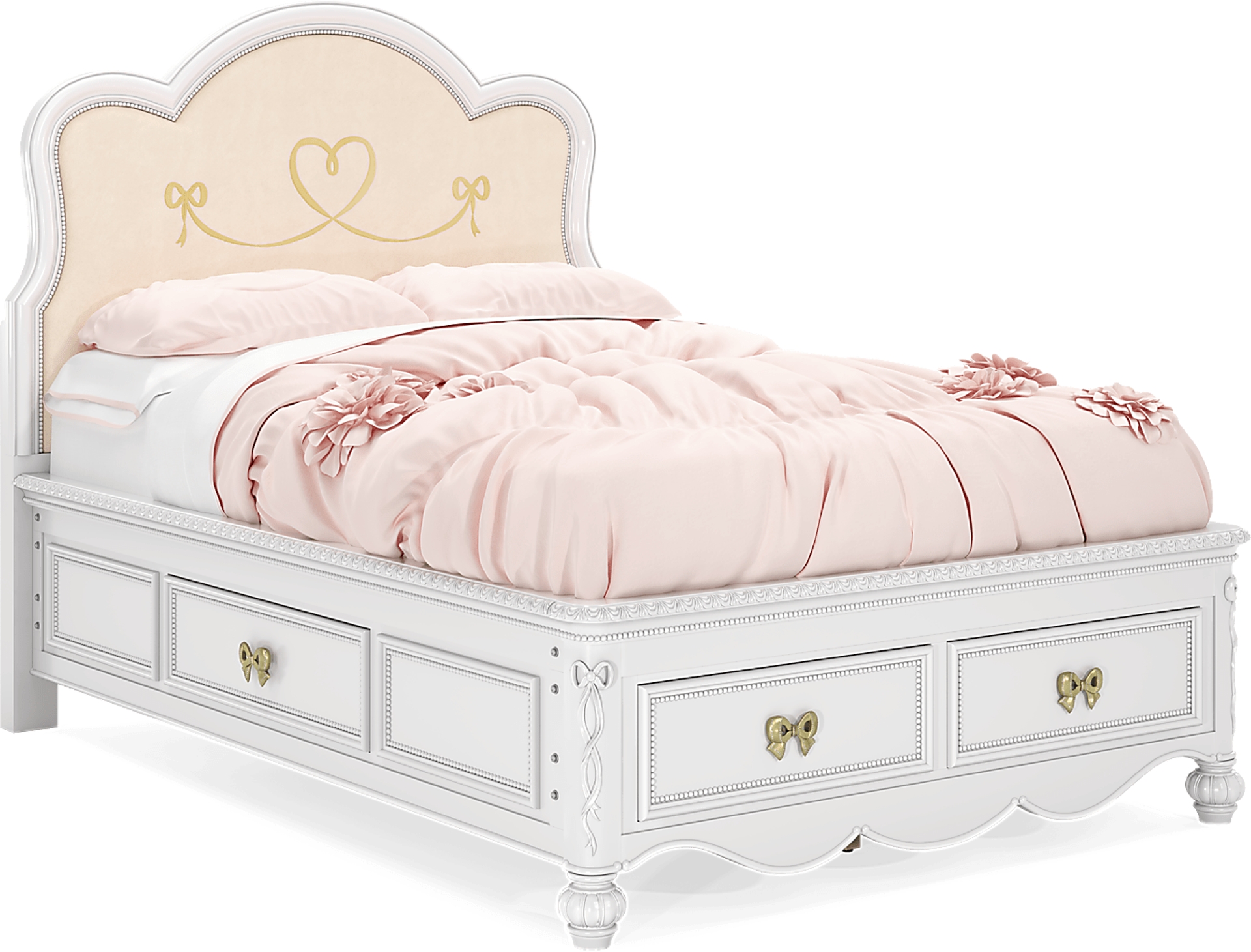 pink full wood and upholstered bed w/ storage