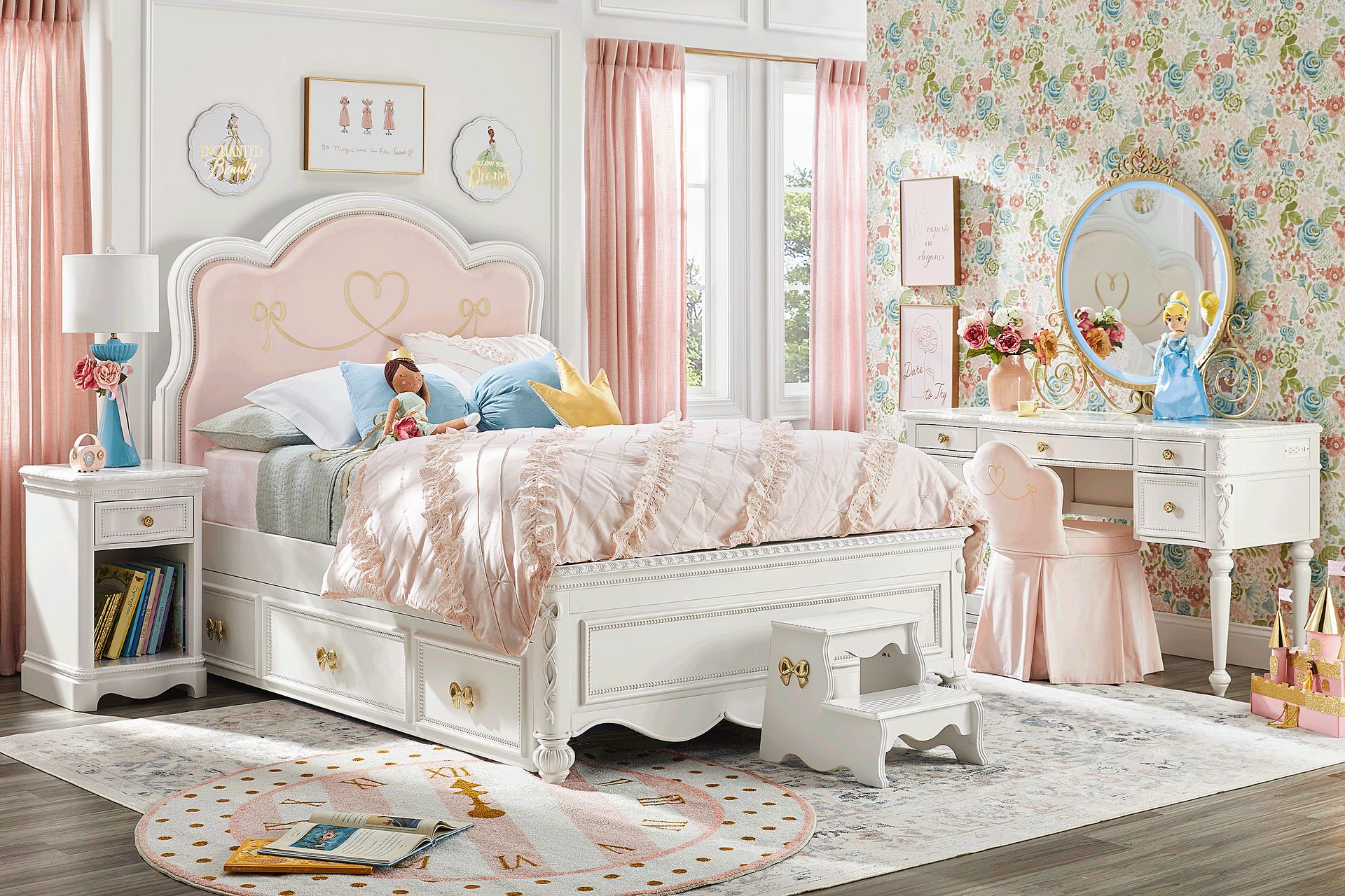Disney Princess Sparkle White Twin Upholstered Panel Bedroom - Image 1