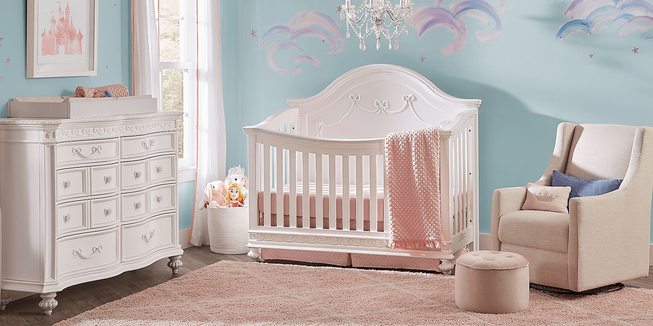 Disney Princess Fairytale 4 Pc White Colors White Bedroom Set With Dresser Changing Set Crib Rooms to Go