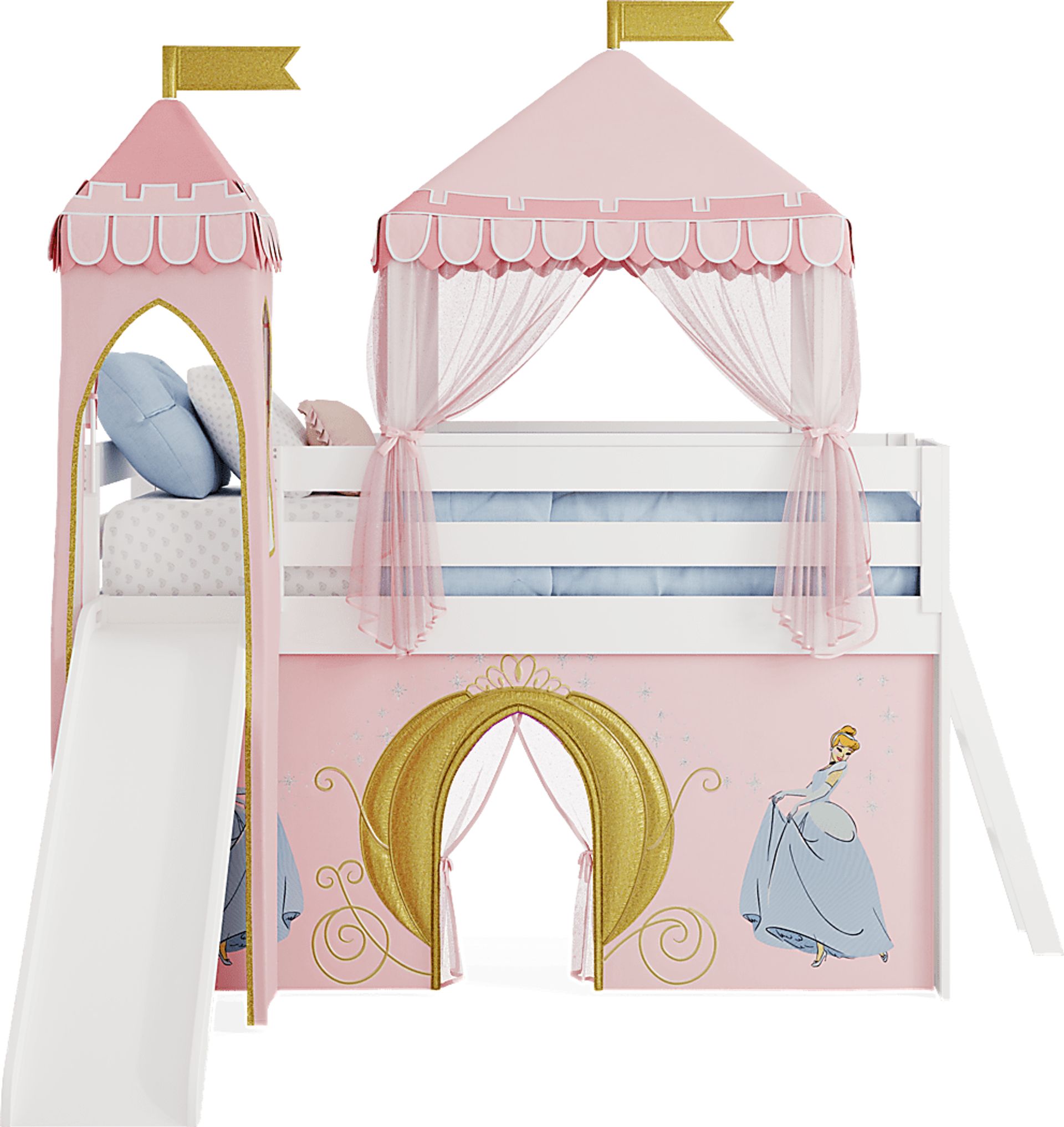 Disney Princess White Twin Low Loft with Slide, Tent & Tower - Image 3