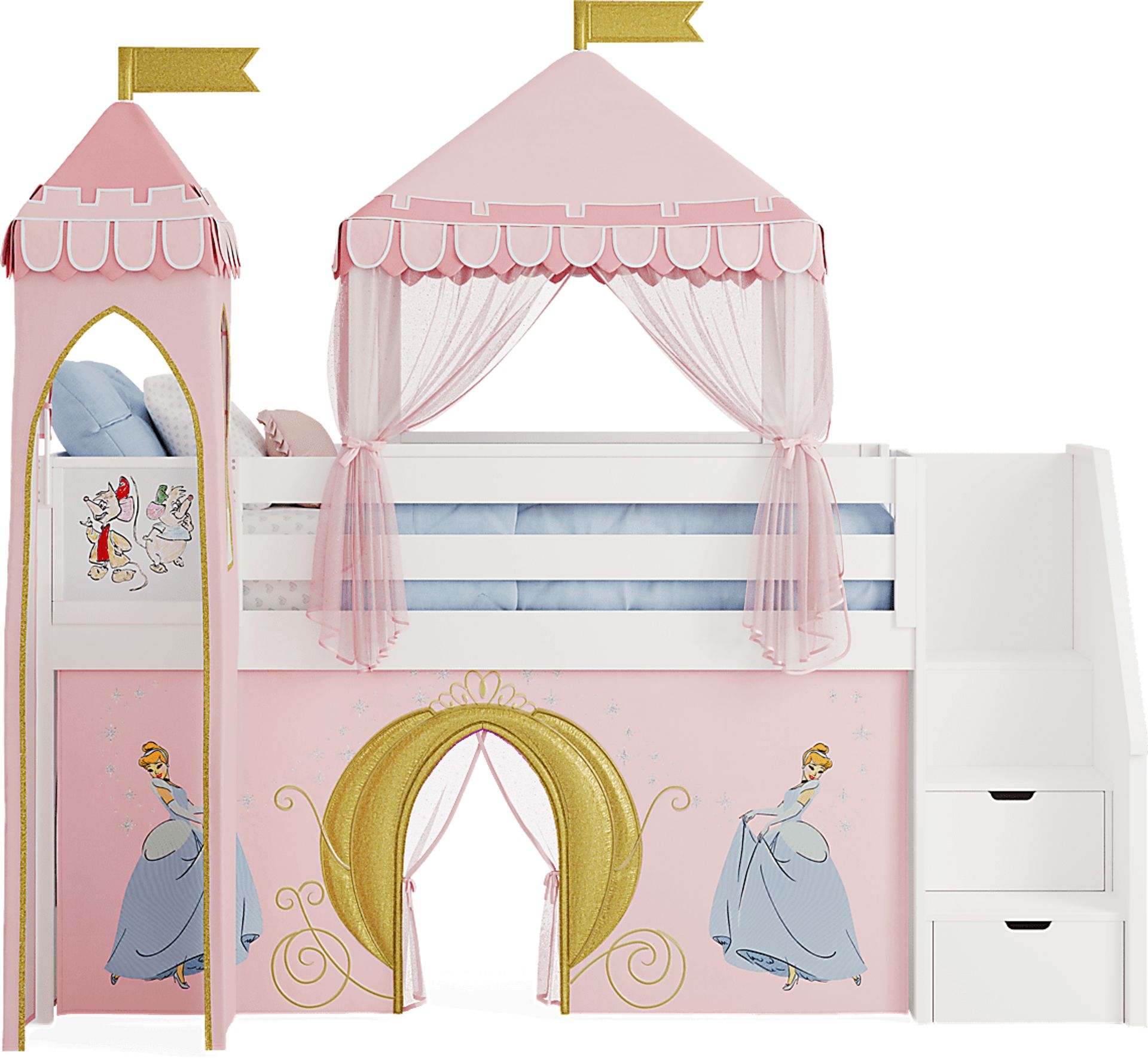 Disney Princess White Twin Low Step Loft with Activity Panel, Tent & Tower - Image 3