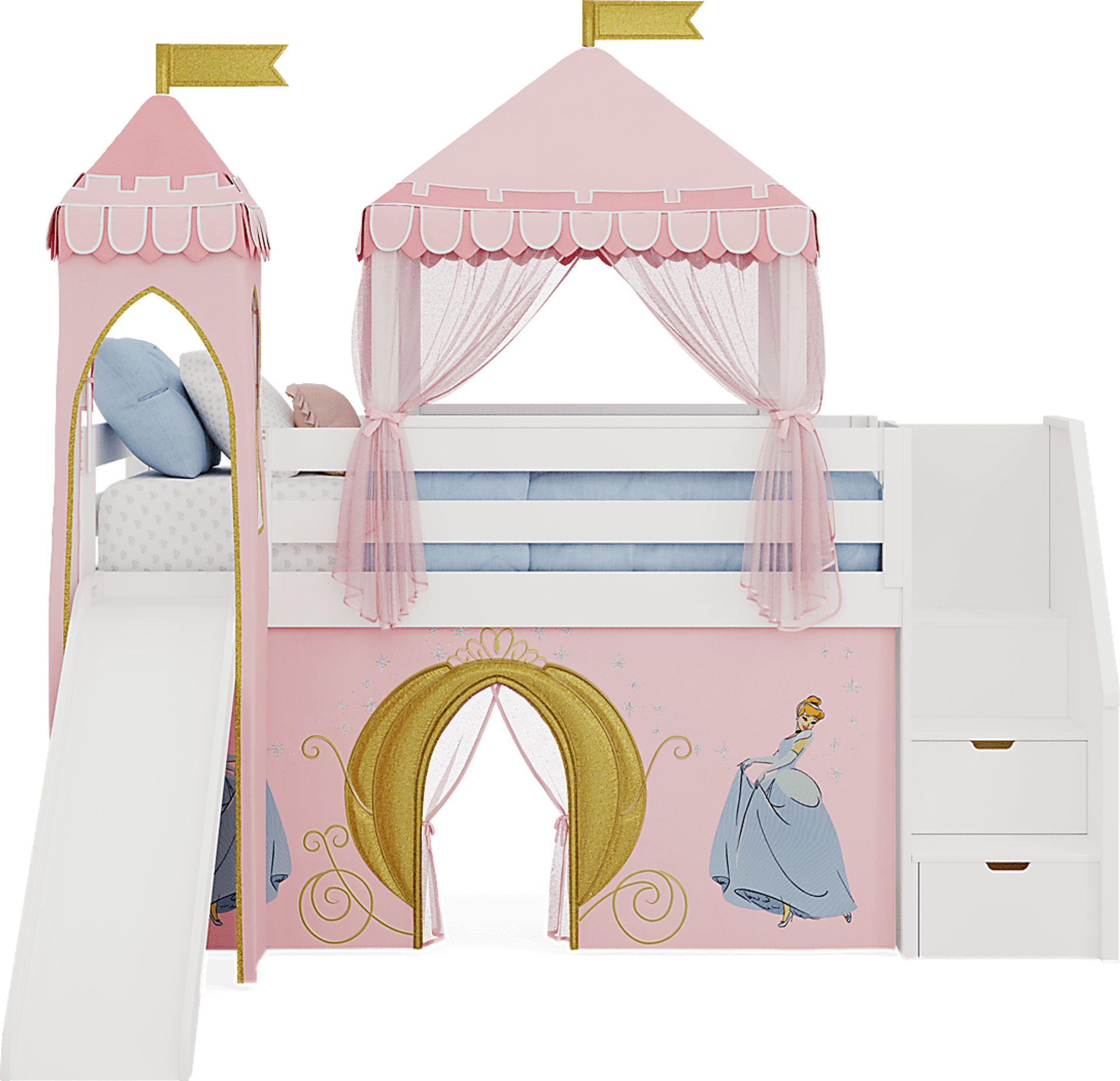 Disney Princess White Twin Low Step Loft with Slide, Tent & Tower - Image 3