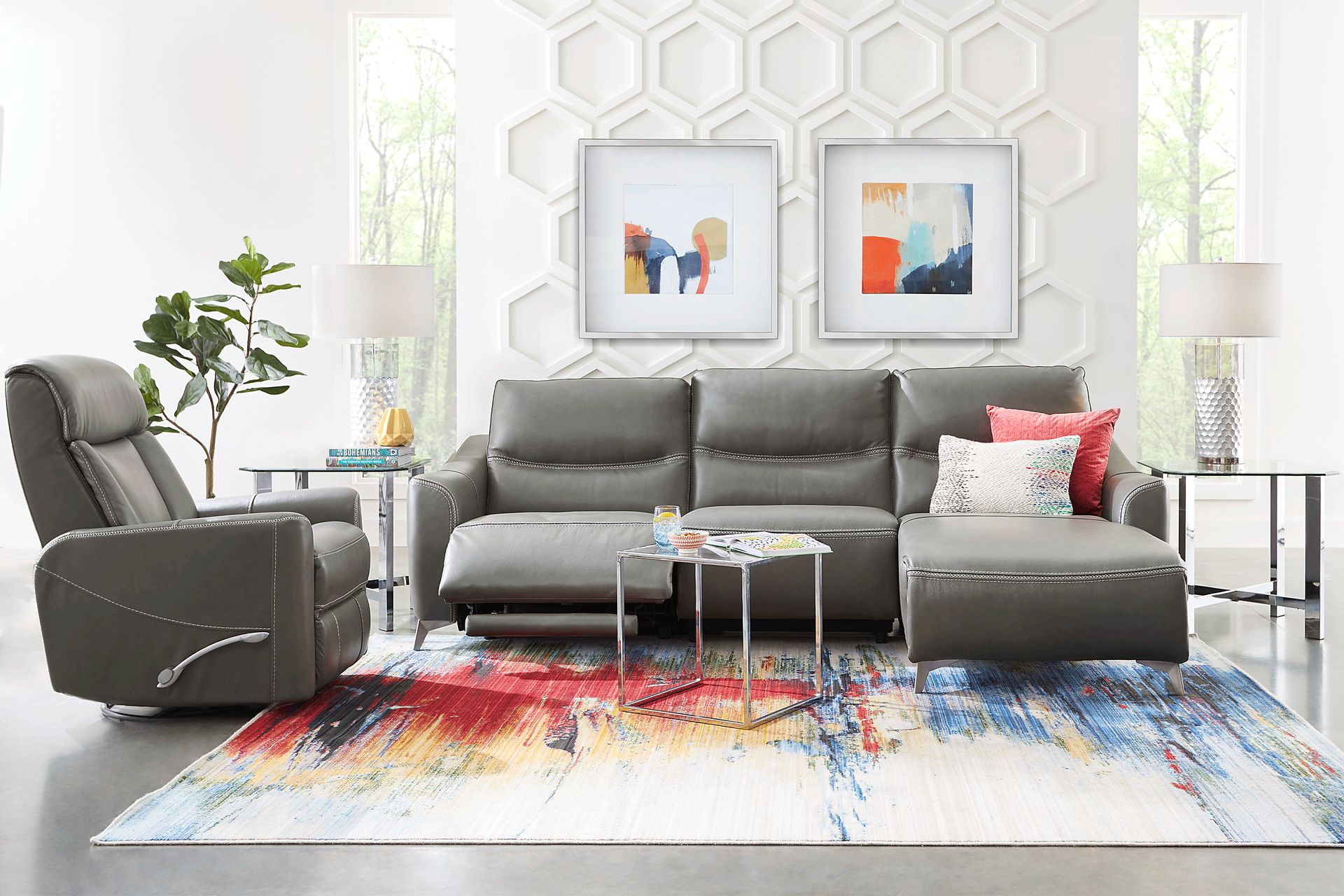 Domio Gray Leather 3 Pc Power Reclining Sectional - Image 2