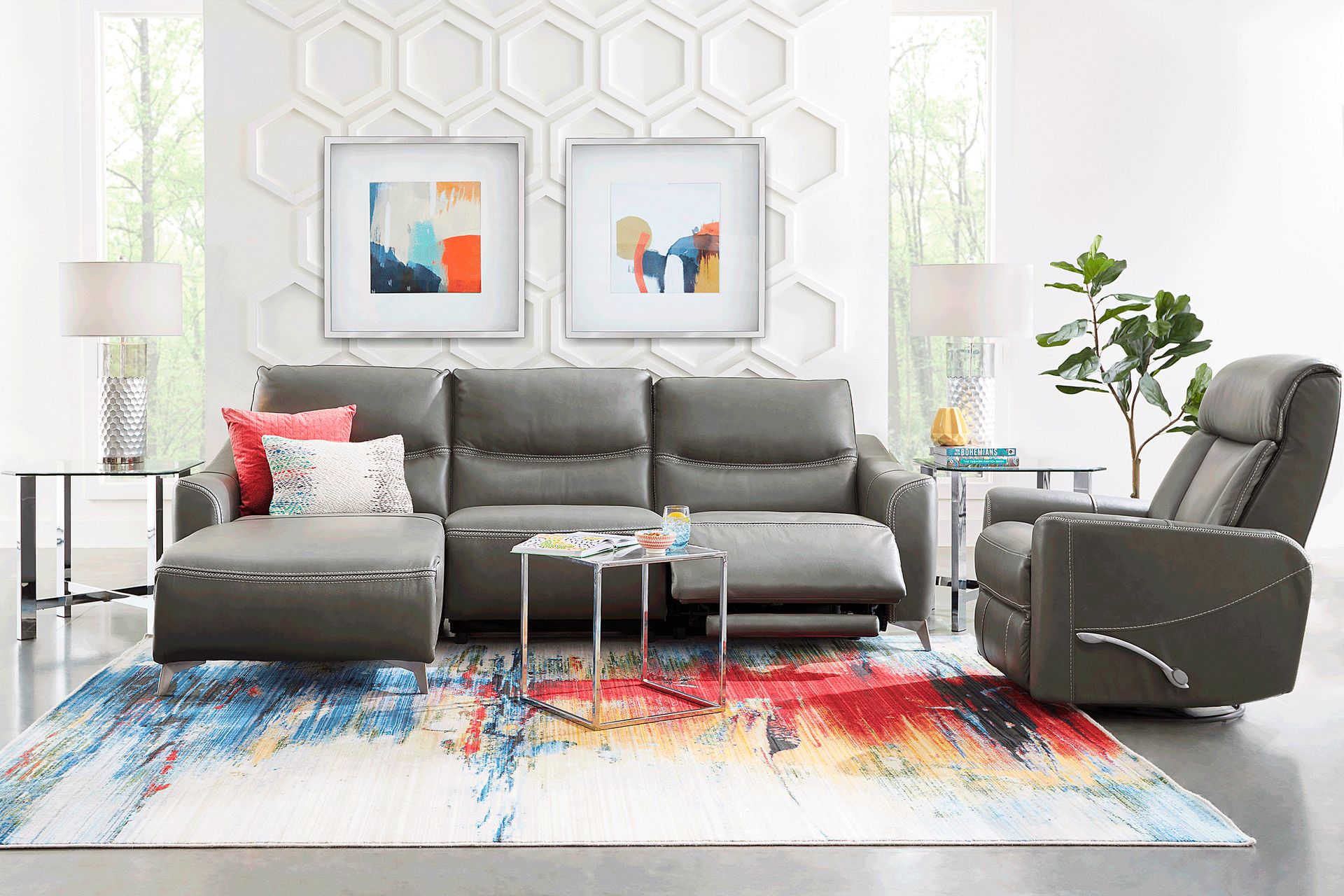 Domio Gray Leather 3 Pc Power Reclining Sectional - Image 2