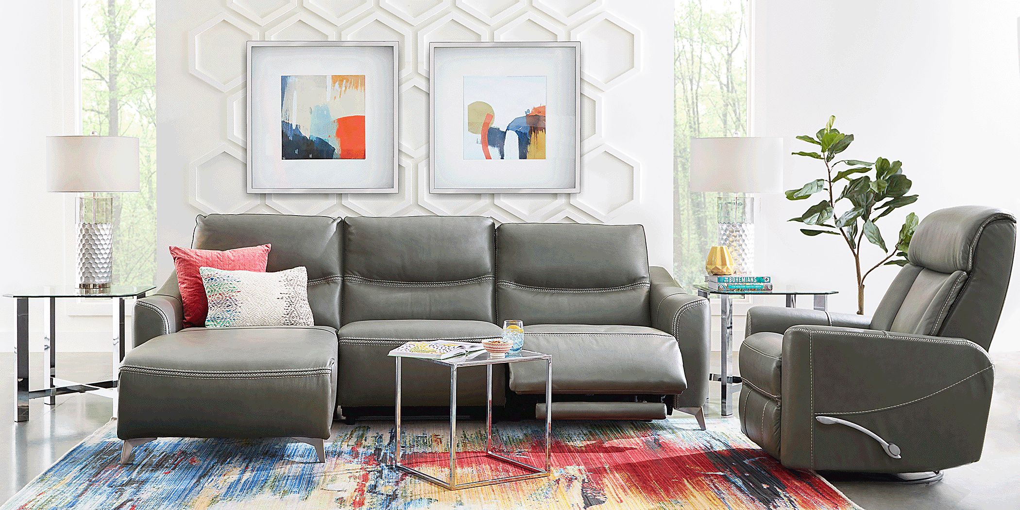 Domio Gray Leather 3 Pc Power Reclining Sectional Rooms To Go