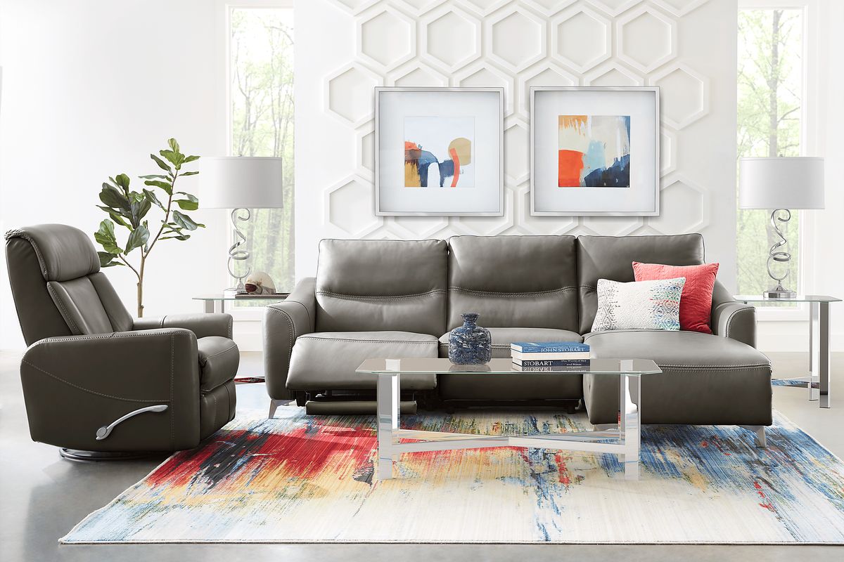 Domio 6 Pc Gray Leather Power Reclining Sectional Living Room With 3 Pc ...