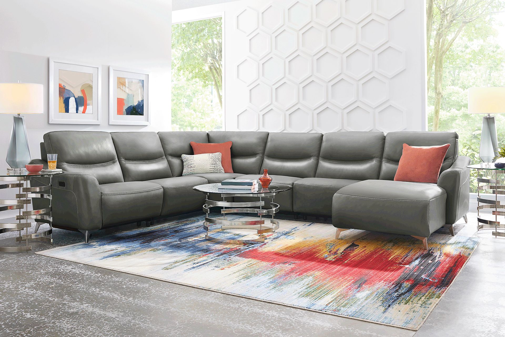 Domio Gray Leather 6 Pc Power Reclining Sectional - Image 2