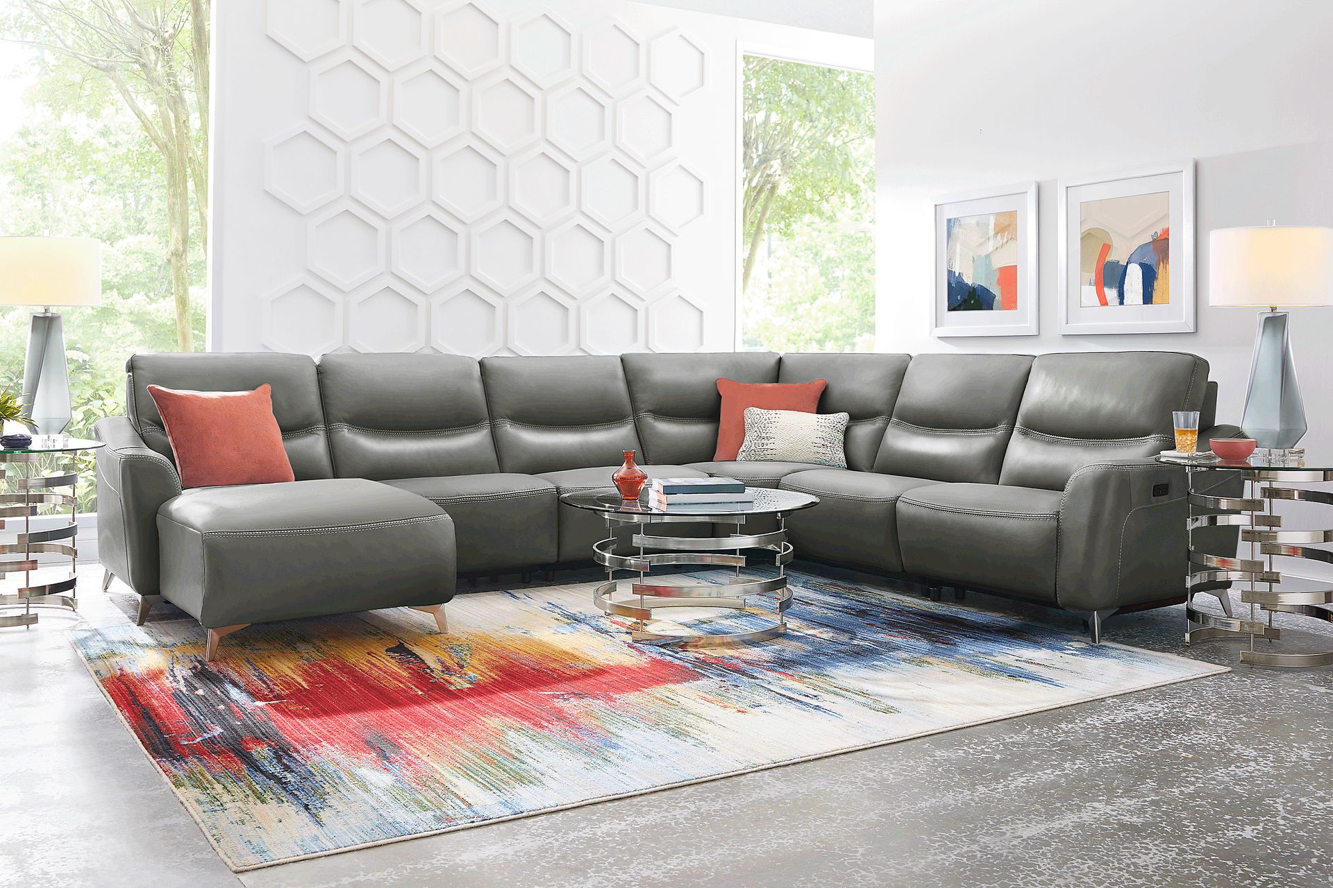 Domio Gray Leather 6 Pc Power Reclining Sectional - Image 2