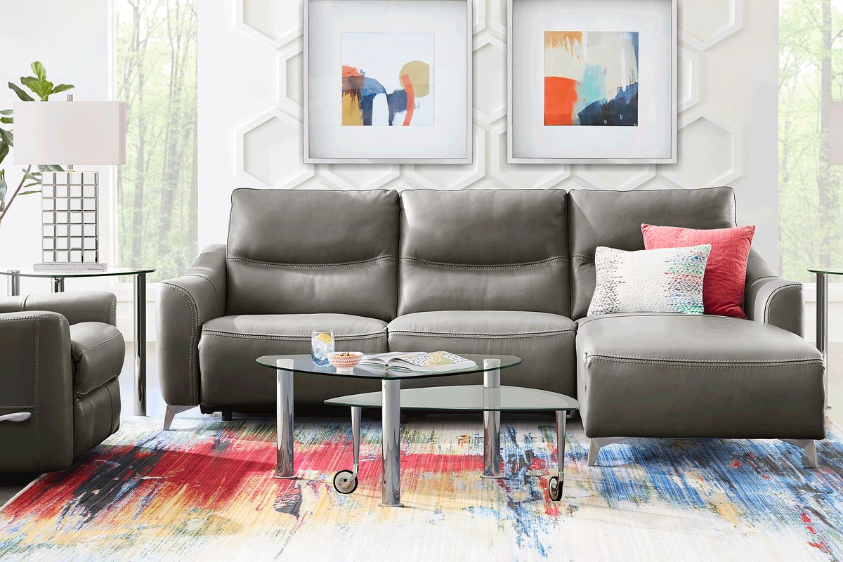 Domio 6 Pc Gray Leather Living Room Set With 3 Pc Right Arm Chaise ...