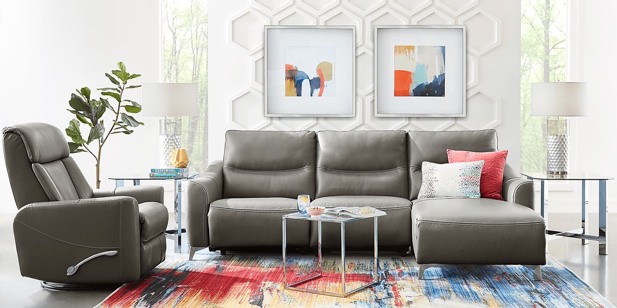 Domio 6 Pc Gray Leather Living Room Set With 3 Pc Right Arm Chaise ...