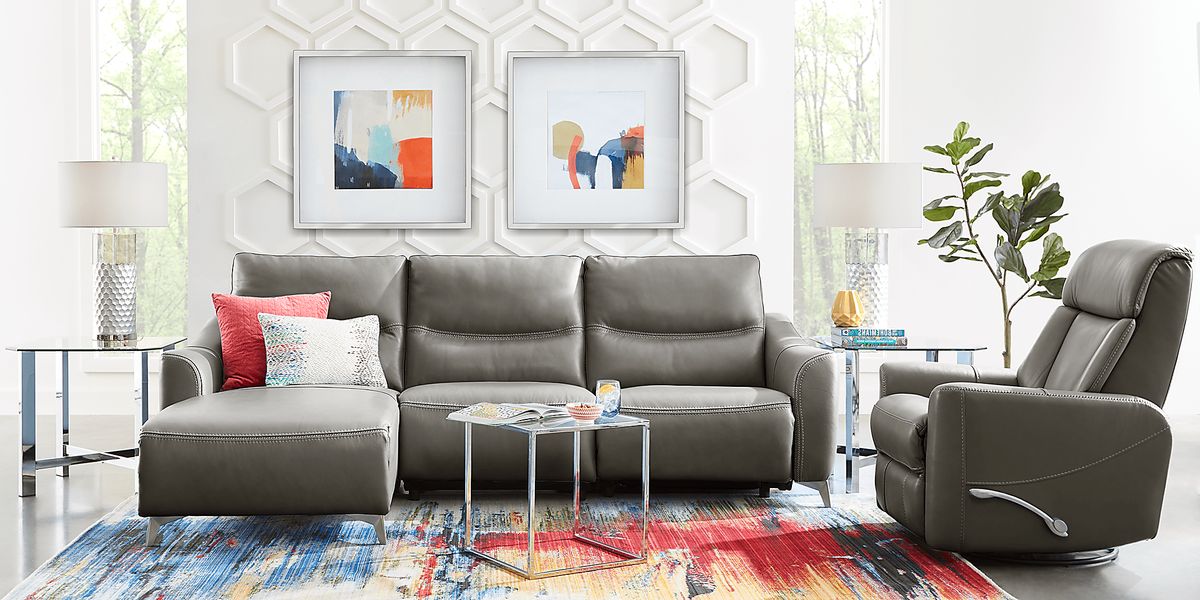 Domio 6 Pc Gray Leather Living Room Set With 3 Pc Left Arm Chaise ...