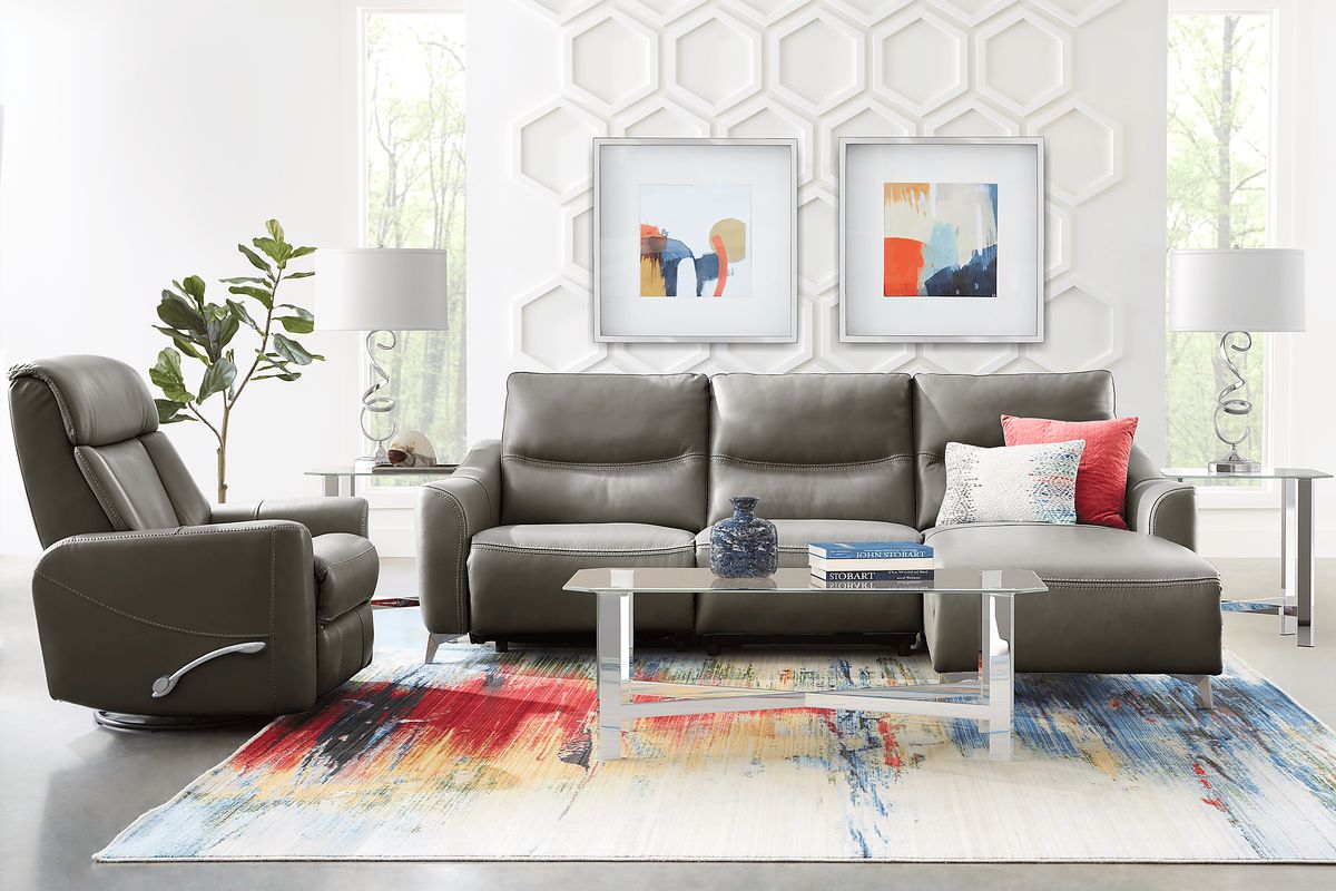 Domio 6 Pc Gray Leather Living Room Set With 3 Pc Right Arm Chaise ...