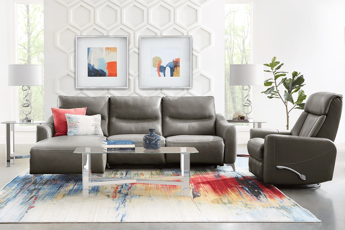 Domio 6 Pc Gray Leather Living Room Set With 3 Pc Left Arm Chaise ...