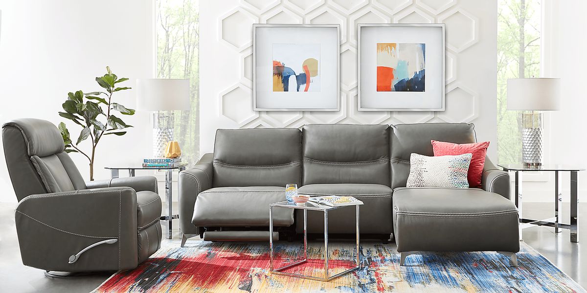Domio 7 Pc Gray Leather Power Reclining Sectional Living Room With 3 Pc ...