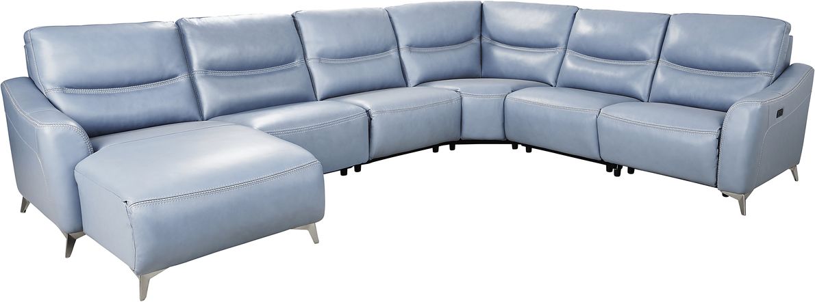 Domio Hydra Blue Leather 6 Pc With Chaise Left Power Reclining ...