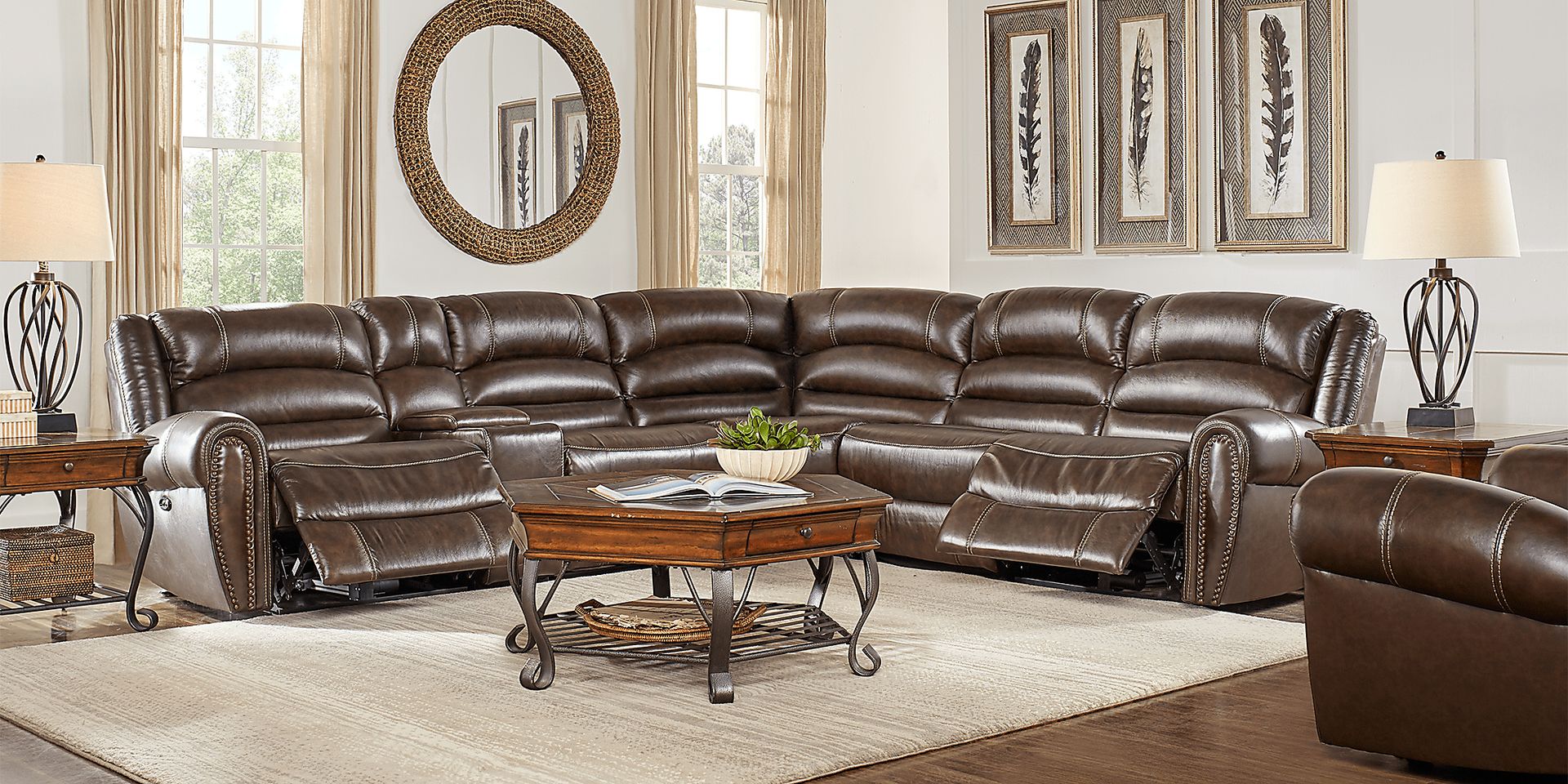 Donelle Brown Leather 7 Pc Power Reclining Sectional Living Room - Image 1