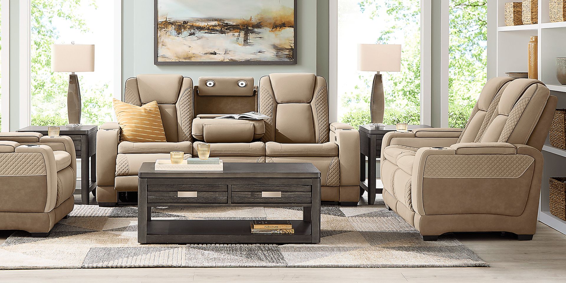 Donovan Park Beige 5 Pc Living Room with Dual Power Reclining Sofa - Image 2