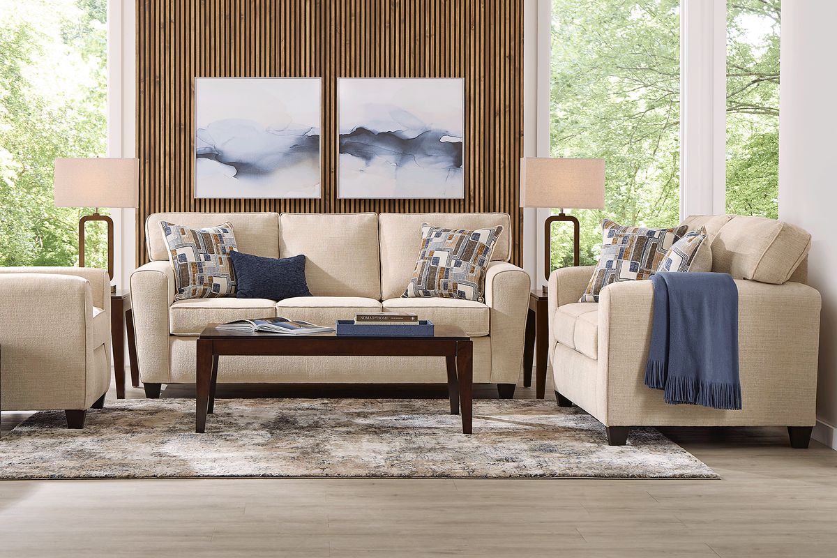 Dover 5 Pc Beige Chenille Fabric Living Room Set With Sofa, Loveseat, 3 ...