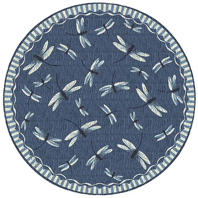 Dragonfly Dance Navy 7'10 Round Indoor/Outdoor Rug - Thumbnail - Image 1